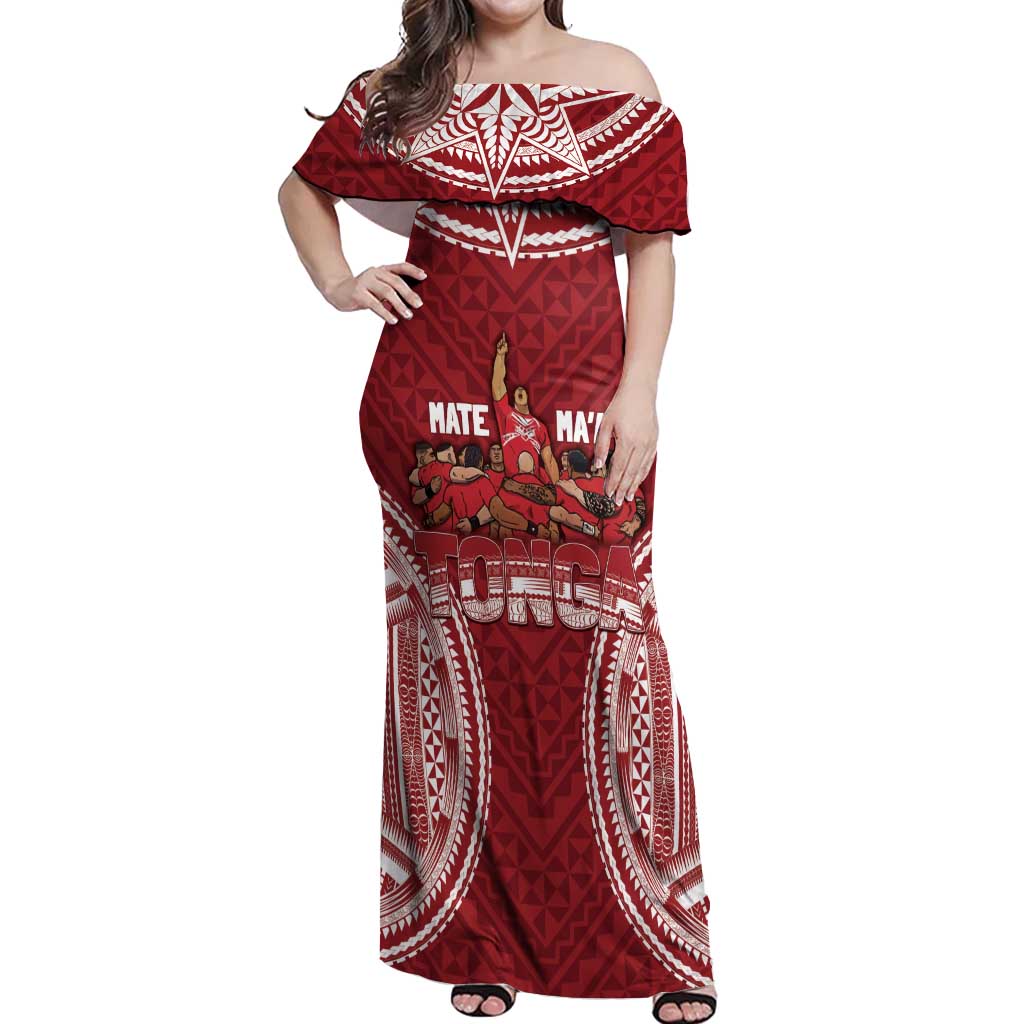 Personalized Mate Maa Tonga Rugby Off Shoulder Maxi Dress Ofa Atu Tonga LT7 Women Red - Polynesian Pride