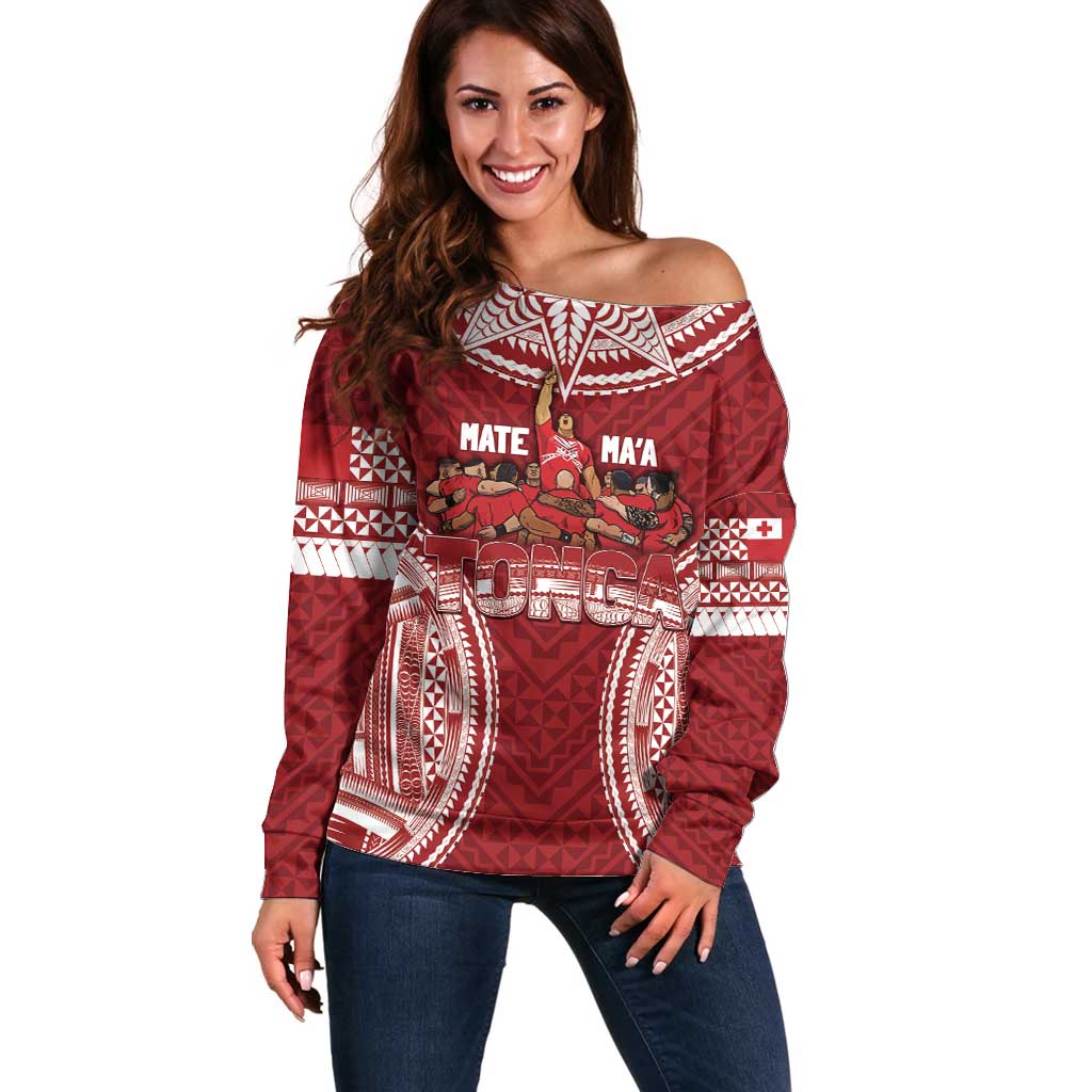 Personalized Mate Maa Tonga Rugby Off Shoulder Sweater Ofa Atu Tonga LT7 Women Red - Polynesian Pride