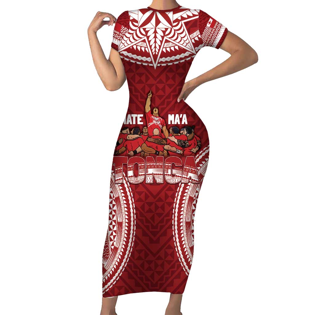 Personalized Mate Maa Tonga Rugby Short Sleeve Bodycon Dress Ofa Atu Tonga LT7 Long Dress Red - Polynesian Pride