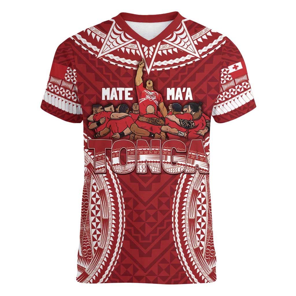 Personalized Mate Maa Tonga Rugby Women V-Neck T-Shirt Ofa Atu Tonga LT7 Female Red - Polynesian Pride
