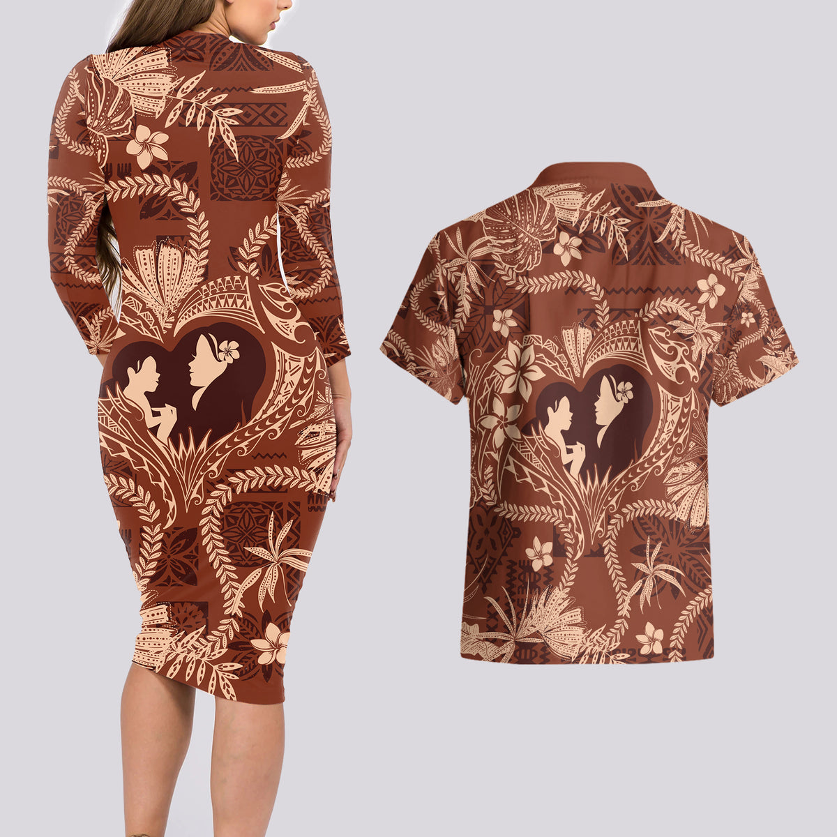 Hawaii Plumeria Couples Matching Long Sleeve Bodycon Dress and Hawaiian Shirt Hau'oli la Makuahine Sunburned LT7 - Polynesian Pride