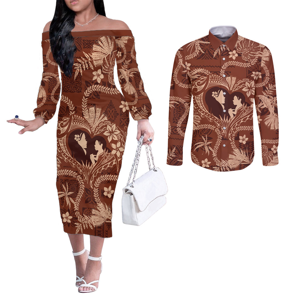 Hawaii Plumeria Couples Matching Off The Shoulder Long Sleeve Dress and Long Sleeve Button Shirt Hau'oli la Makuahine Sunburned LT7 Brown - Polynesian Pride