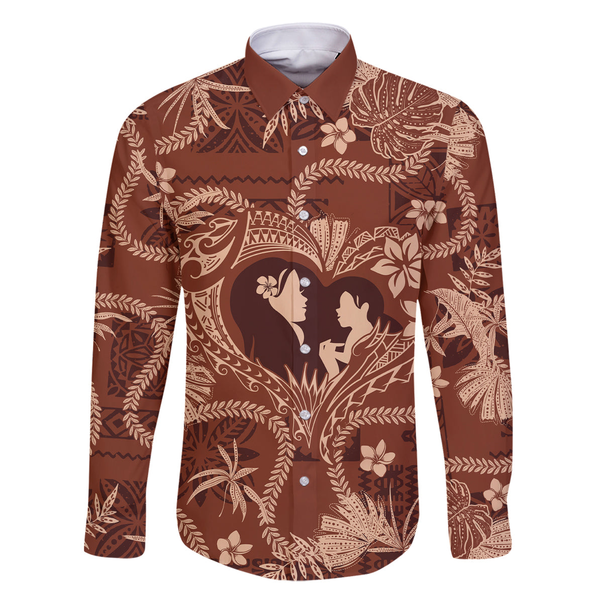 Hawaii Plumeria Family Matching Tank Maxi Dress and Hawaiian Shirt Hau'oli la Makuahine Sunburned LT7 Dad's Shirt - Long Sleeve Brown - Polynesian Pride
