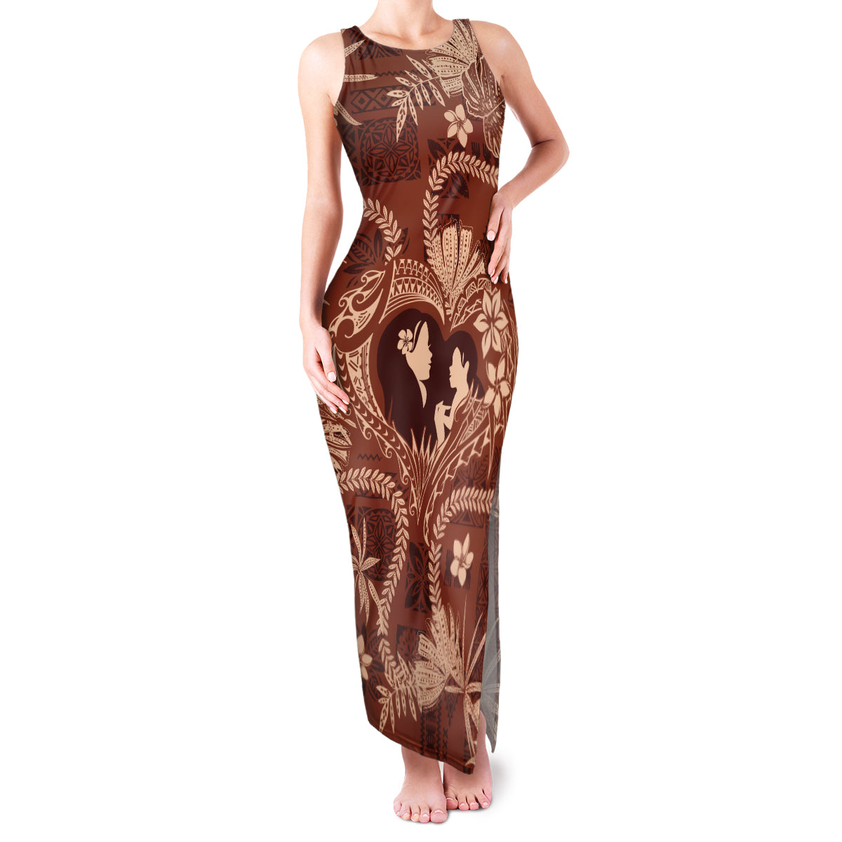 Hawaii Plumeria Family Matching Tank Maxi Dress and Hawaiian Shirt Hau'oli la Makuahine Sunburned LT7 Mom's Dress Brown - Polynesian Pride
