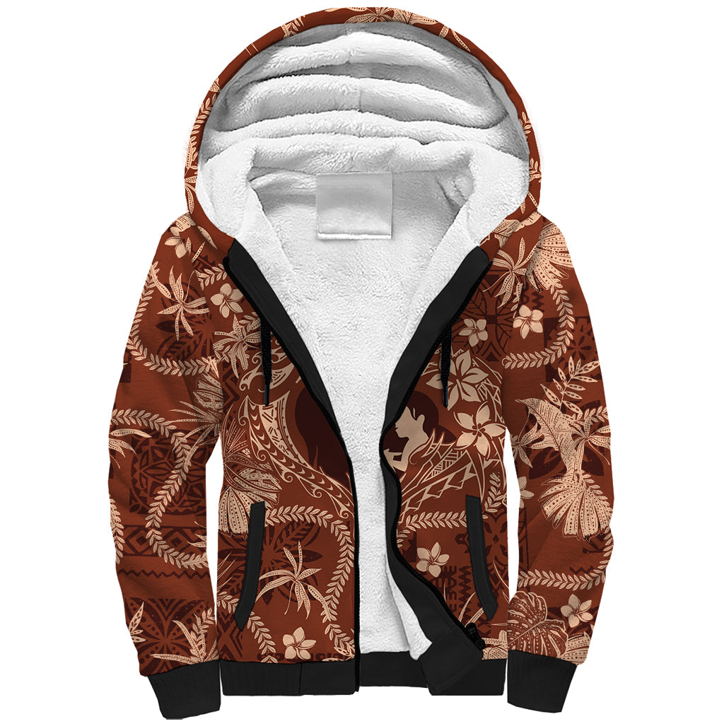 Hawaii Plumeria Sherpa Hoodie Hau'oli la Makuahine Sunburned LT7 Unisex Brown - Polynesian Pride