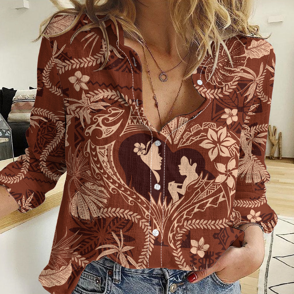 Hawaii Plumeria Women Casual Shirt Hau'oli la Makuahine Sunburned LT7 Female Brown - Polynesian Pride