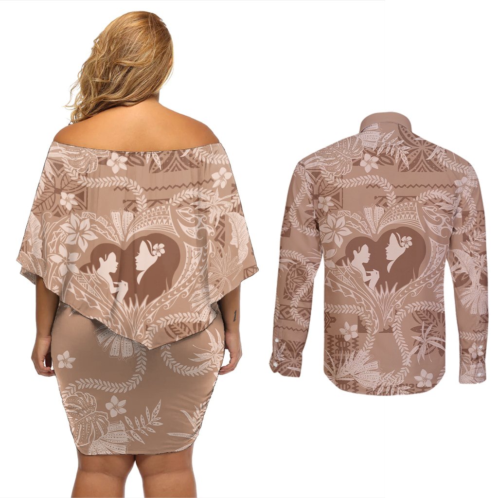 Hawaii Plumeria Couples Matching Off Shoulder Short Dress and Long Sleeve Button Shirt Hau'oli la Makuahine Beige LT7 - Polynesian Pride