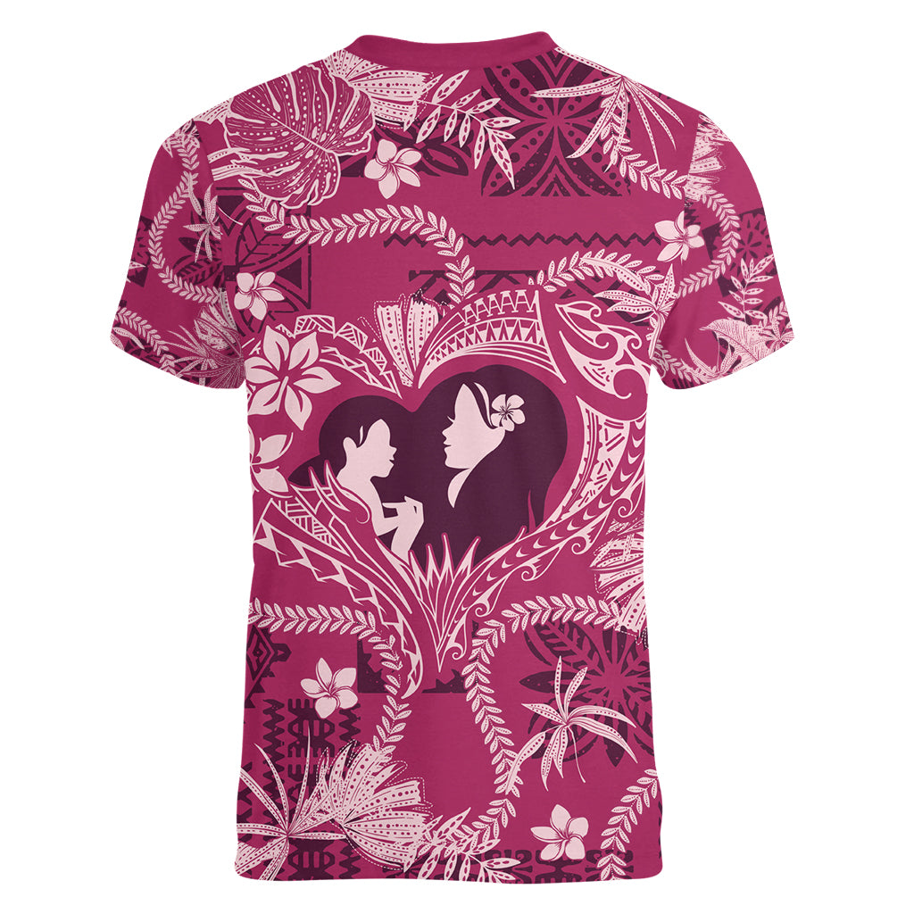 Hawaii Plumeria Women V Neck T Shirt Hau'oli la Makuahine Rosy LT7 - Polynesian Pride