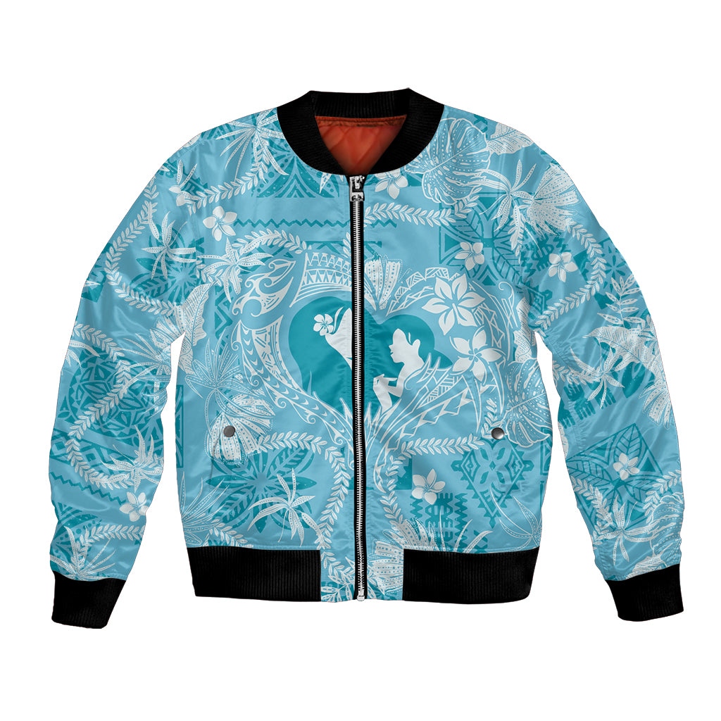 Hawaii Plumeria Bomber Jacket Hau'oli la Makuahine Turquoise LT7 Unisex Turquoise - Polynesian Pride