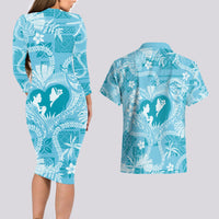 Hawaii Plumeria Couples Matching Long Sleeve Bodycon Dress and Hawaiian Shirt Hau'oli la Makuahine Turquoise LT7 - Polynesian Pride