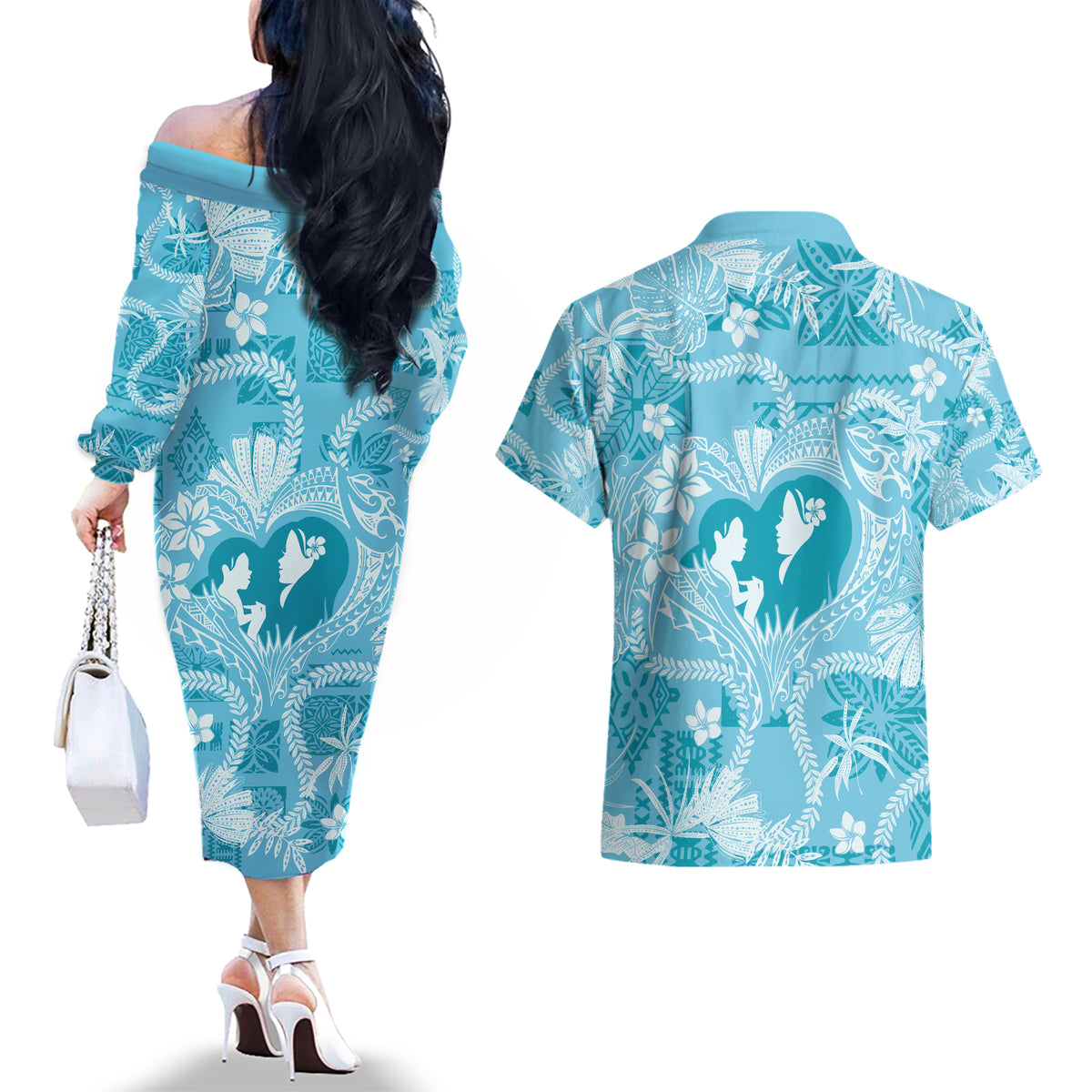 Hawaii Plumeria Couples Matching Off The Shoulder Long Sleeve Dress and Hawaiian Shirt Hau'oli la Makuahine Turquoise LT7 - Polynesian Pride