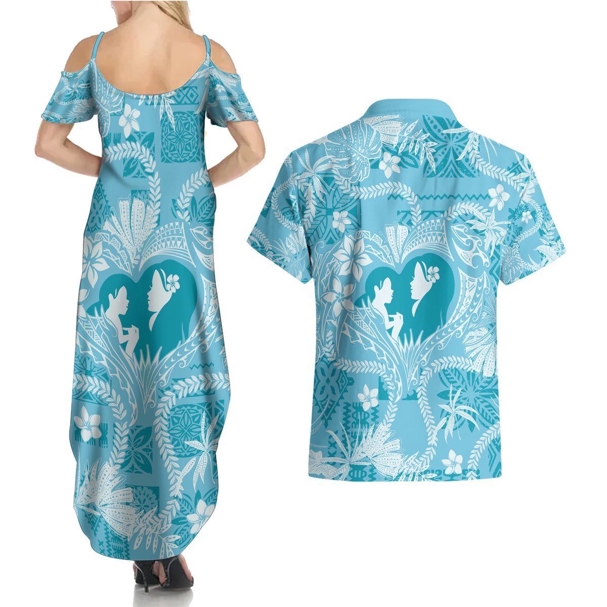 Hawaii Plumeria Couples Matching Summer Maxi Dress and Hawaiian Shirt Hau'oli la Makuahine Turquoise LT7 - Polynesian Pride