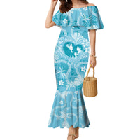 Hawaii Plumeria Family Matching Mermaid Dress and Hawaiian Shirt Hau'oli la Makuahine Turquoise LT7 Mom's Dress Turquoise - Polynesian Pride
