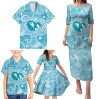 Hawaii Plumeria Family Matching Puletasi and Hawaiian Shirt Hau'oli la Makuahine Turquoise LT7 - Polynesian Pride
