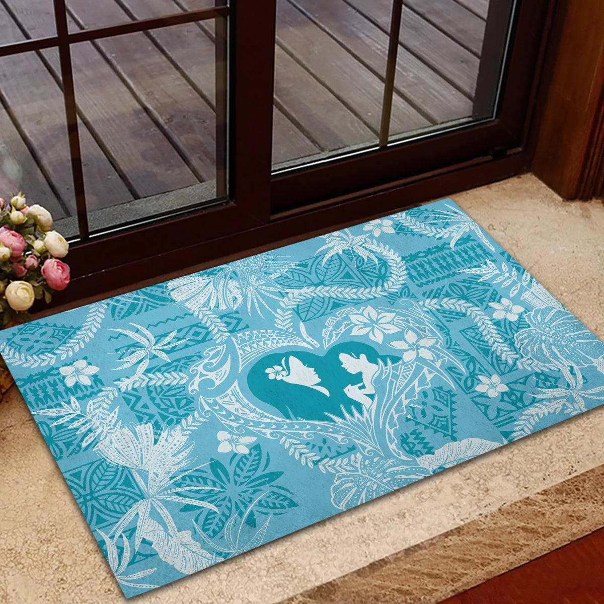 Hawaii Plumeria Rubber Doormat Hau'oli la Makuahine Turquoise LT7 - Polynesian Pride