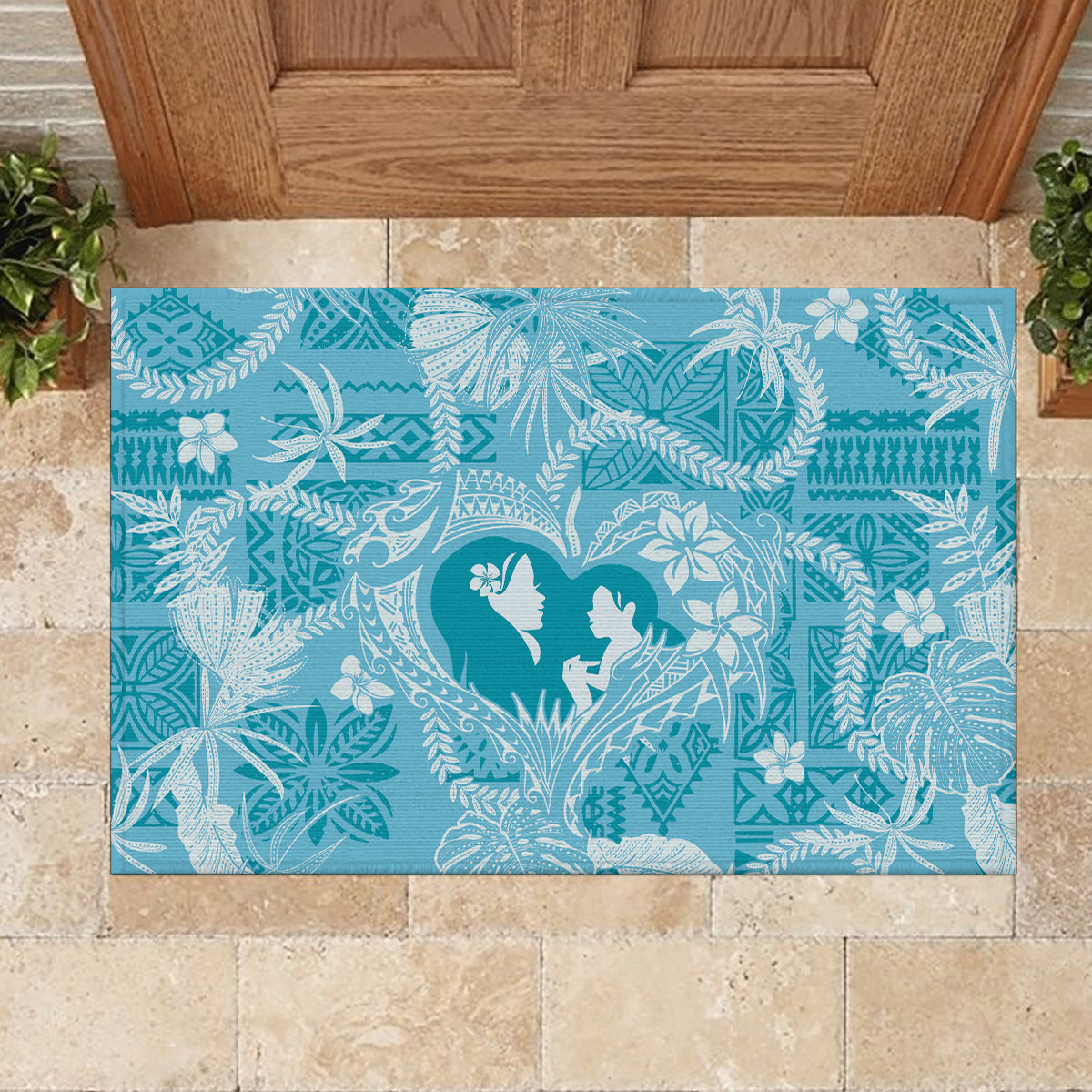 Hawaii Plumeria Rubber Doormat Hau'oli la Makuahine Turquoise LT7 - Polynesian Pride