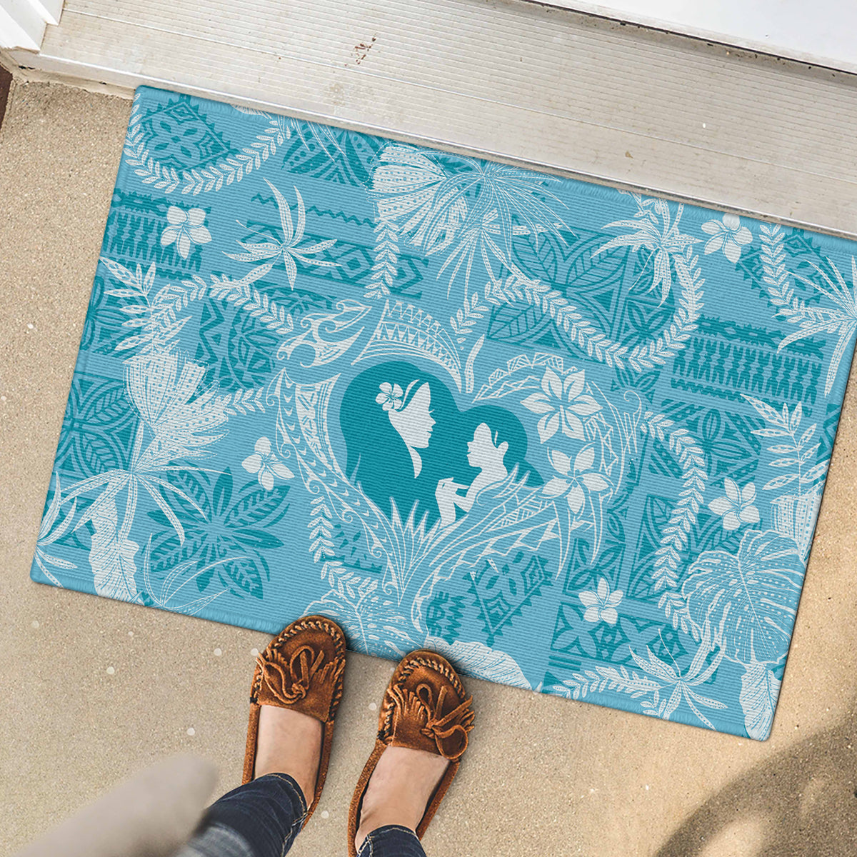 Hawaii Plumeria Rubber Doormat Hau'oli la Makuahine Turquoise LT7 - Polynesian Pride