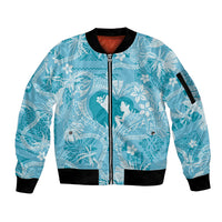 Hawaii Plumeria Sleeve Zip Bomber Jacket Hau'oli la Makuahine Turquoise LT7 Unisex Turquoise - Polynesian Pride