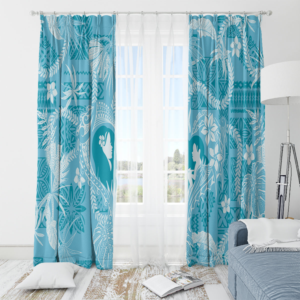Hawaii Plumeria Window Curtain Hau'oli la Makuahine Turquoise LT7 - Polynesian Pride