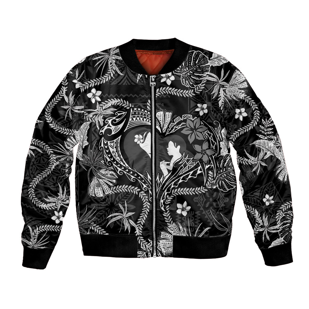Hawaii Plumeria Bomber Jacket Hau'oli la Makuahine Monochrome LT7 Unisex Black - Polynesian Pride