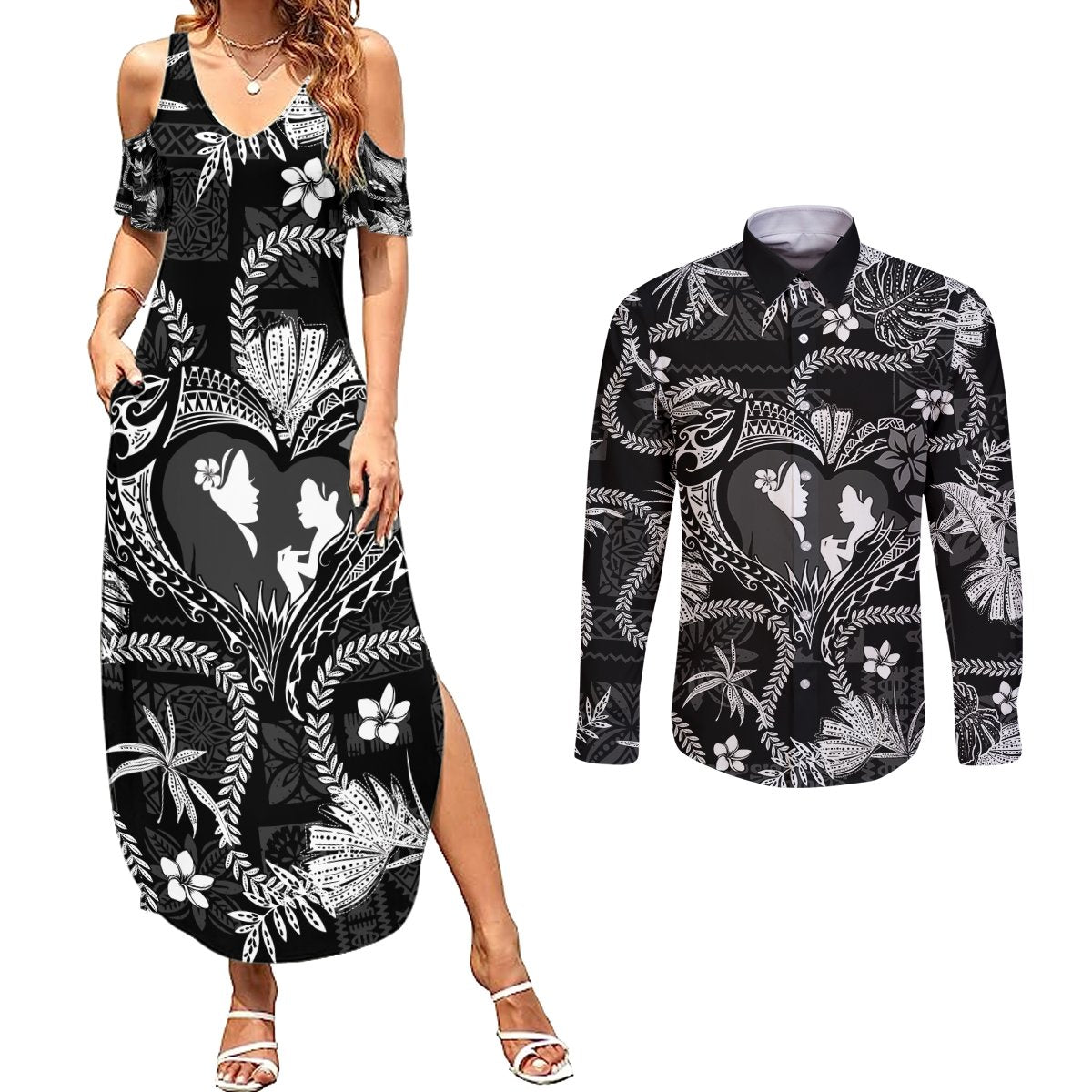 Hawaii Plumeria Couples Matching Summer Maxi Dress and Long Sleeve Button Shirt Hau'oli la Makuahine Monochrome LT7 Black - Polynesian Pride