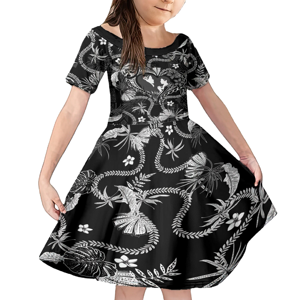 Hawaii Plumeria Family Matching Long Sleeve Bodycon Dress and Hawaiian Shirt Hau'oli la Makuahine Monochrome LT7 Daughter's Dress Black - Polynesian Pride