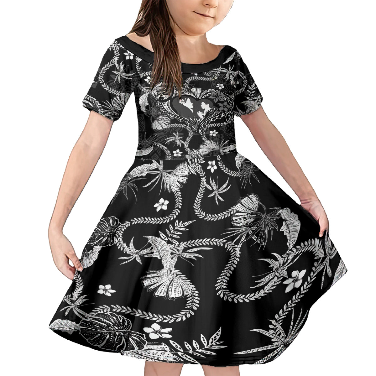 Hawaii Plumeria Family Matching Mermaid Dress and Hawaiian Shirt Hau'oli la Makuahine Monochrome LT7 Daughter's Dress Black - Polynesian Pride