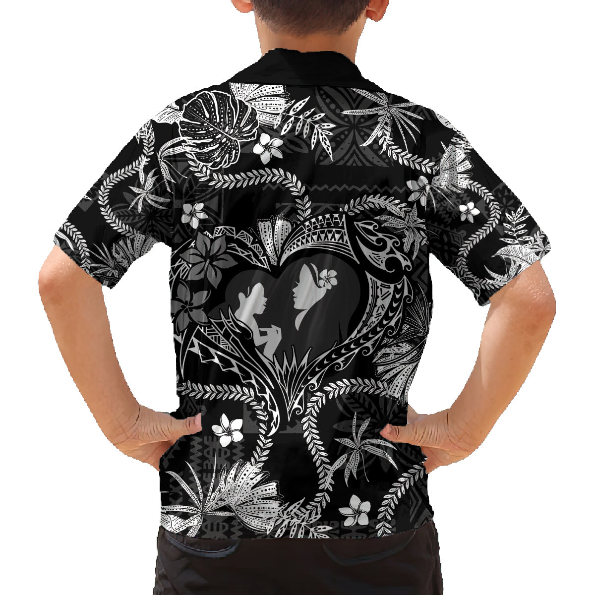 Hawaii Plumeria Family Matching Off Shoulder Short Dress and Hawaiian Shirt Hau'oli la Makuahine Monochrome LT7 - Polynesian Pride