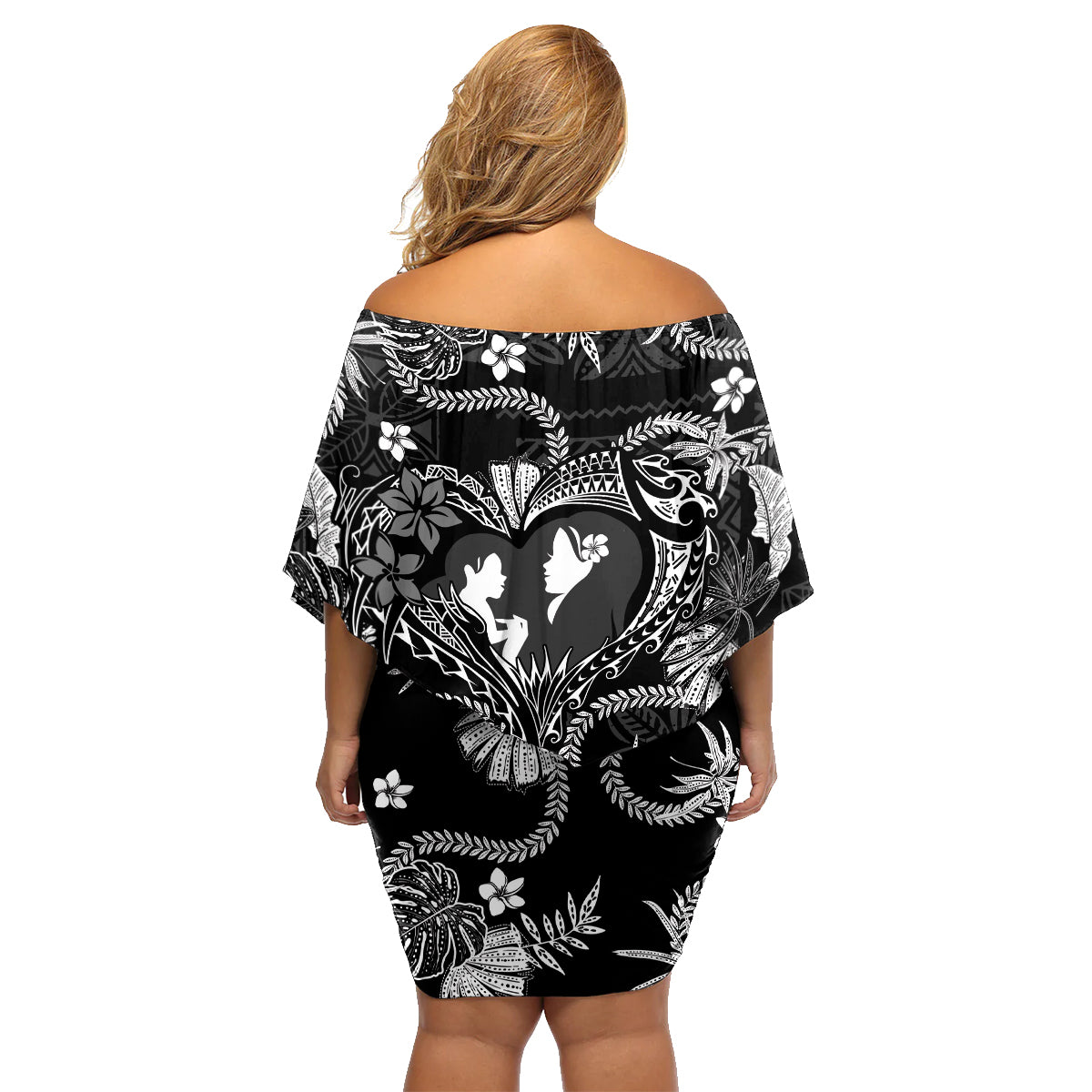 Hawaii Plumeria Family Matching Off Shoulder Short Dress and Hawaiian Shirt Hau'oli la Makuahine Monochrome LT7 - Polynesian Pride