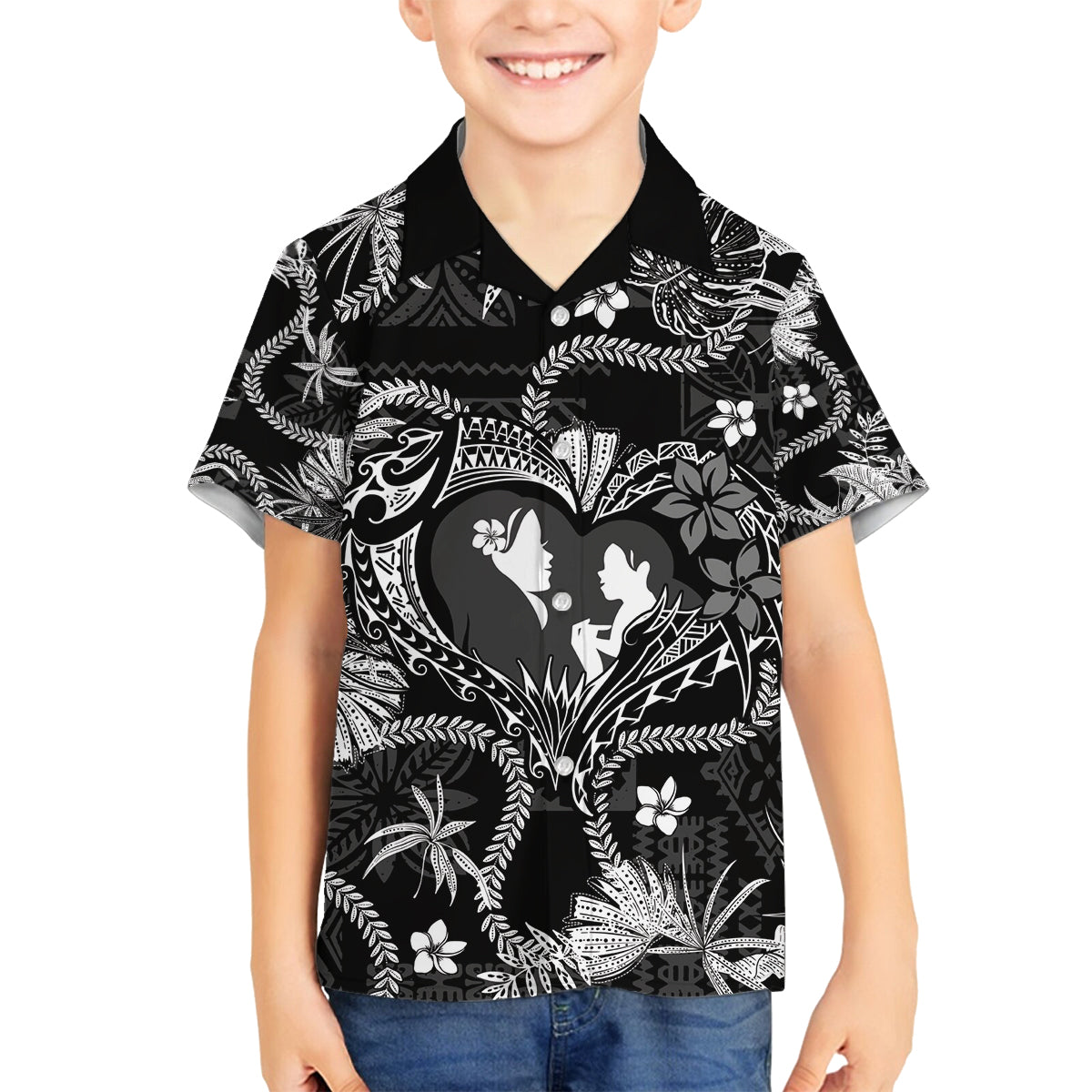 Hawaii Plumeria Family Matching Puletasi and Hawaiian Shirt Hau'oli la Makuahine Monochrome LT7 Son's Shirt Black - Polynesian Pride