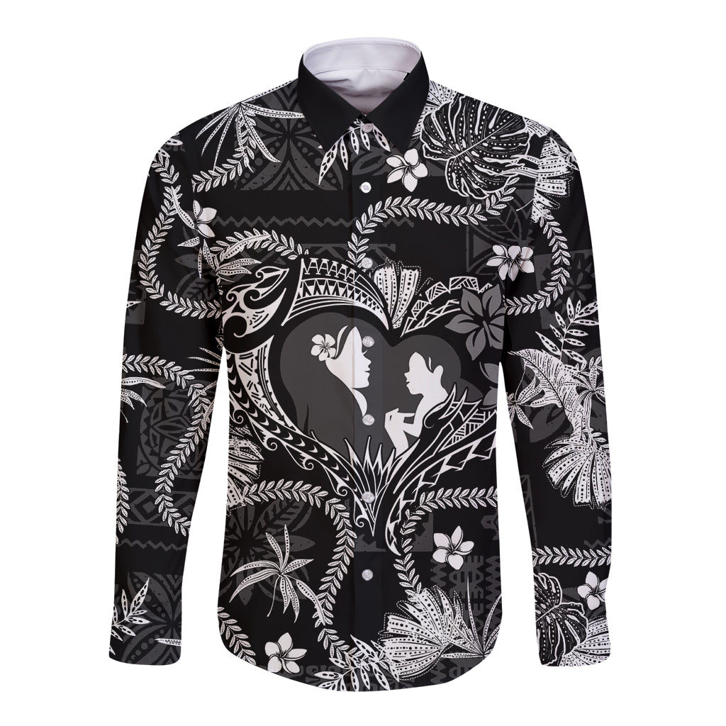 Hawaii Plumeria Long Sleeve Button Shirt Hau'oli la Makuahine Monochrome LT7 Unisex Black - Polynesian Pride