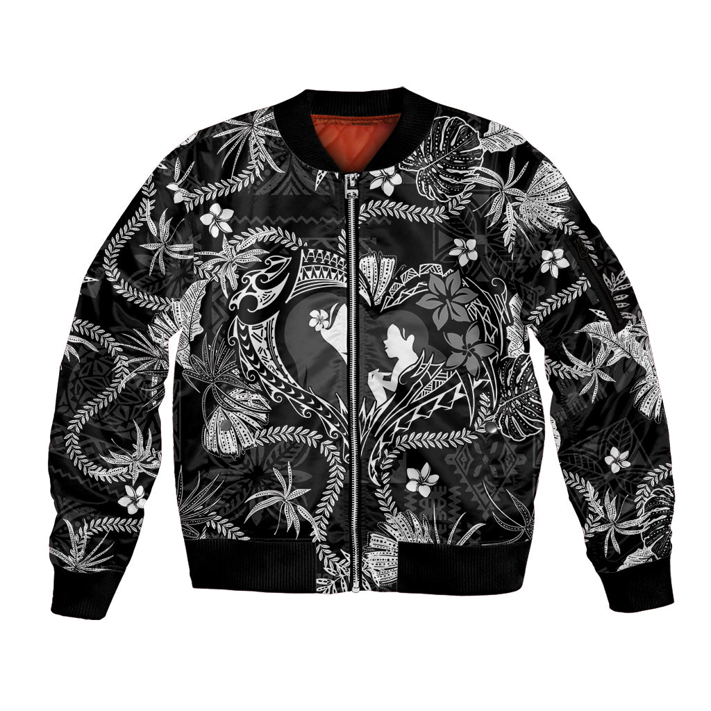 Hawaii Plumeria Sleeve Zip Bomber Jacket Hau'oli la Makuahine Monochrome LT7 Unisex Black - Polynesian Pride