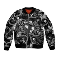 Hawaii Plumeria Sleeve Zip Bomber Jacket Hau'oli la Makuahine Monochrome LT7 Unisex Black - Polynesian Pride
