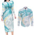 Polynesia Humpback Whale Couples Matching Long Sleeve Bodycon Dress and Long Sleeve Button Shirt Tropical Plumeria Turquoise
