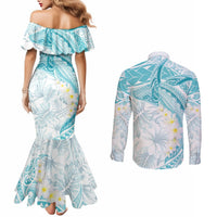 Polynesia Humpback Whale Couples Matching Mermaid Dress and Long Sleeve Button Shirt Tropical Plumeria Turquoise LT7 - Polynesian Pride