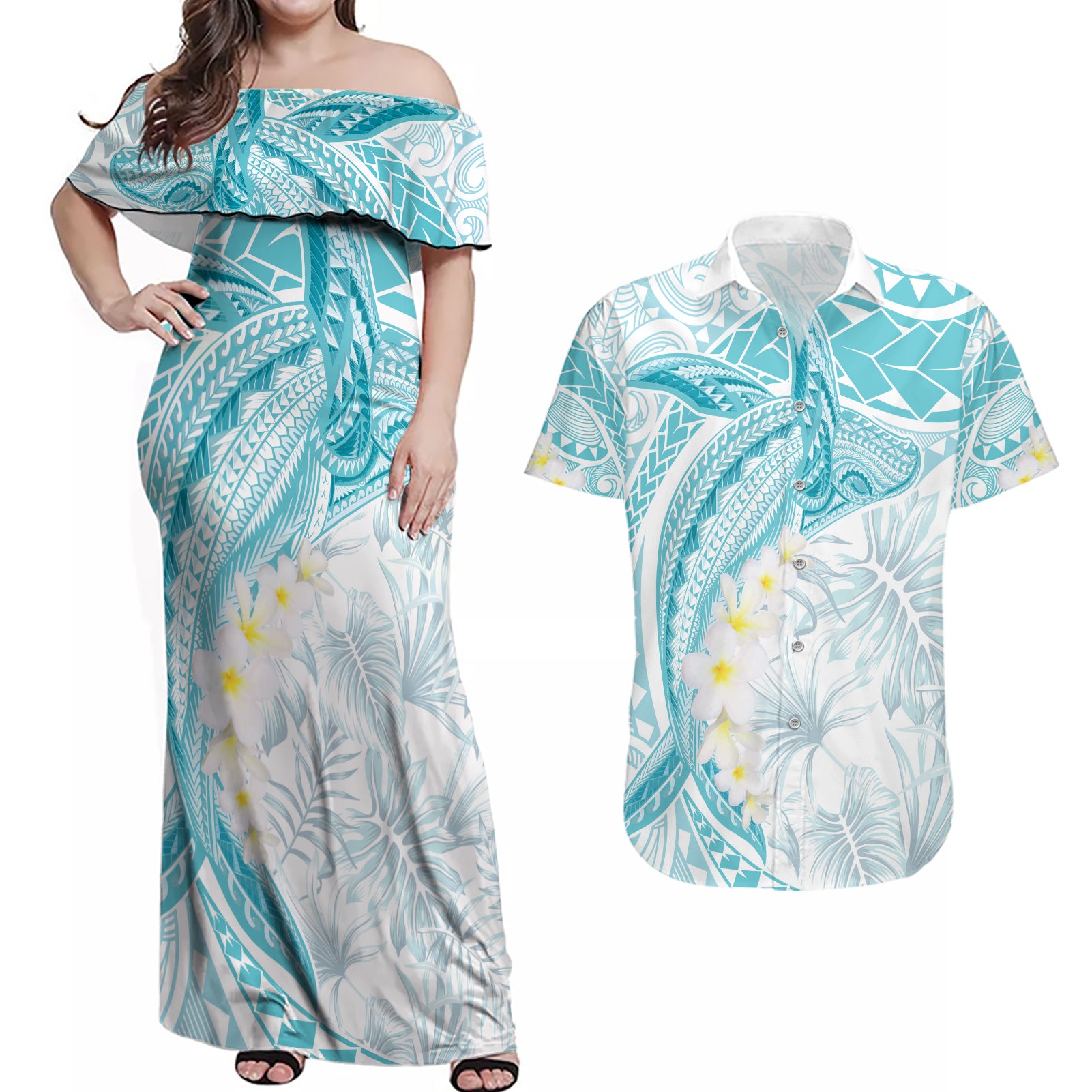 Polynesia Humpback Whale Couples Matching Off Shoulder Maxi Dress and Hawaiian Shirt Tropical Plumeria Turquoise