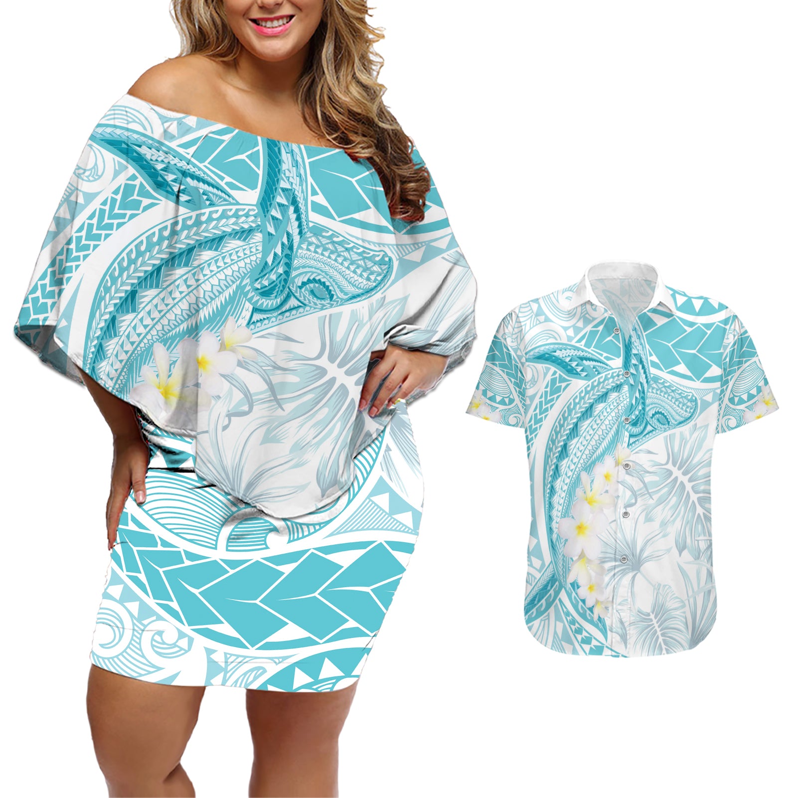 Polynesia Humpback Whale Couples Matching Off Shoulder Short Dress and Hawaiian Shirt Tropical Plumeria Turquoise