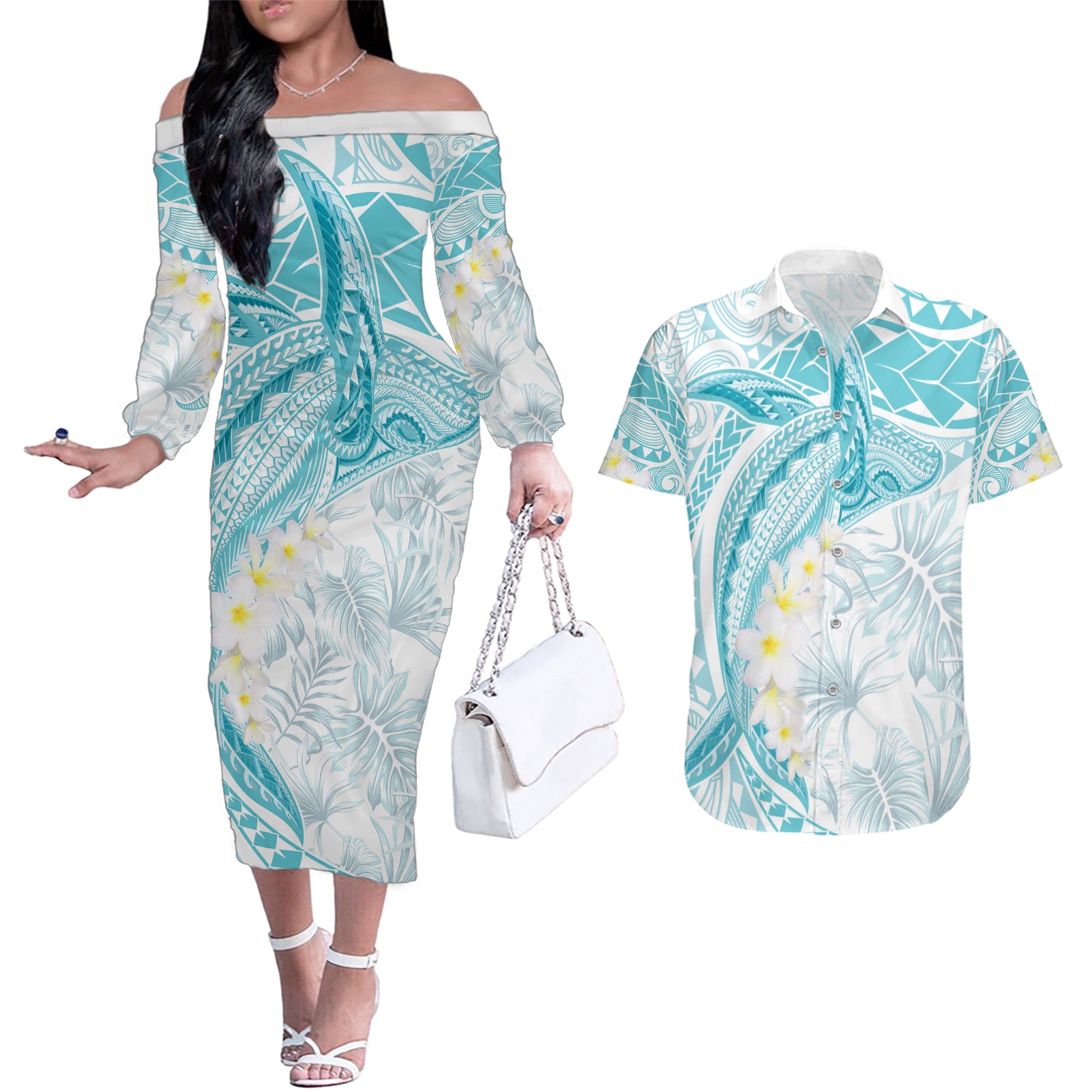 Polynesia Humpback Whale Couples Matching Off The Shoulder Long Sleeve Dress and Hawaiian Shirt Tropical Plumeria Turquoise
