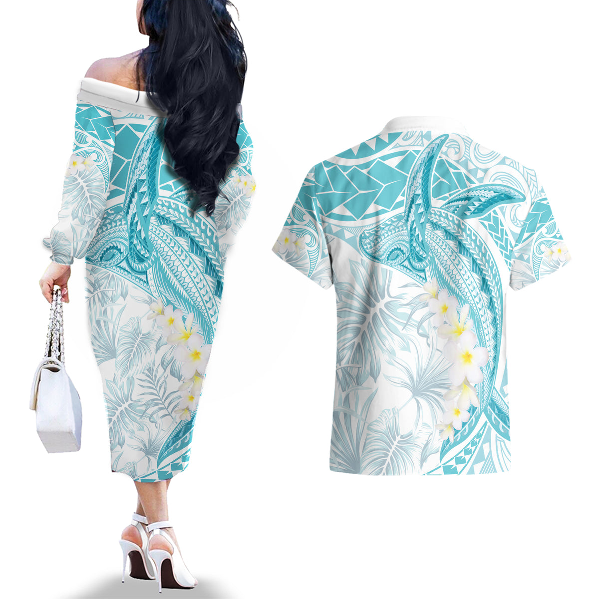 Polynesia Humpback Whale Couples Matching Off The Shoulder Long Sleeve Dress and Hawaiian Shirt Tropical Plumeria Turquoise