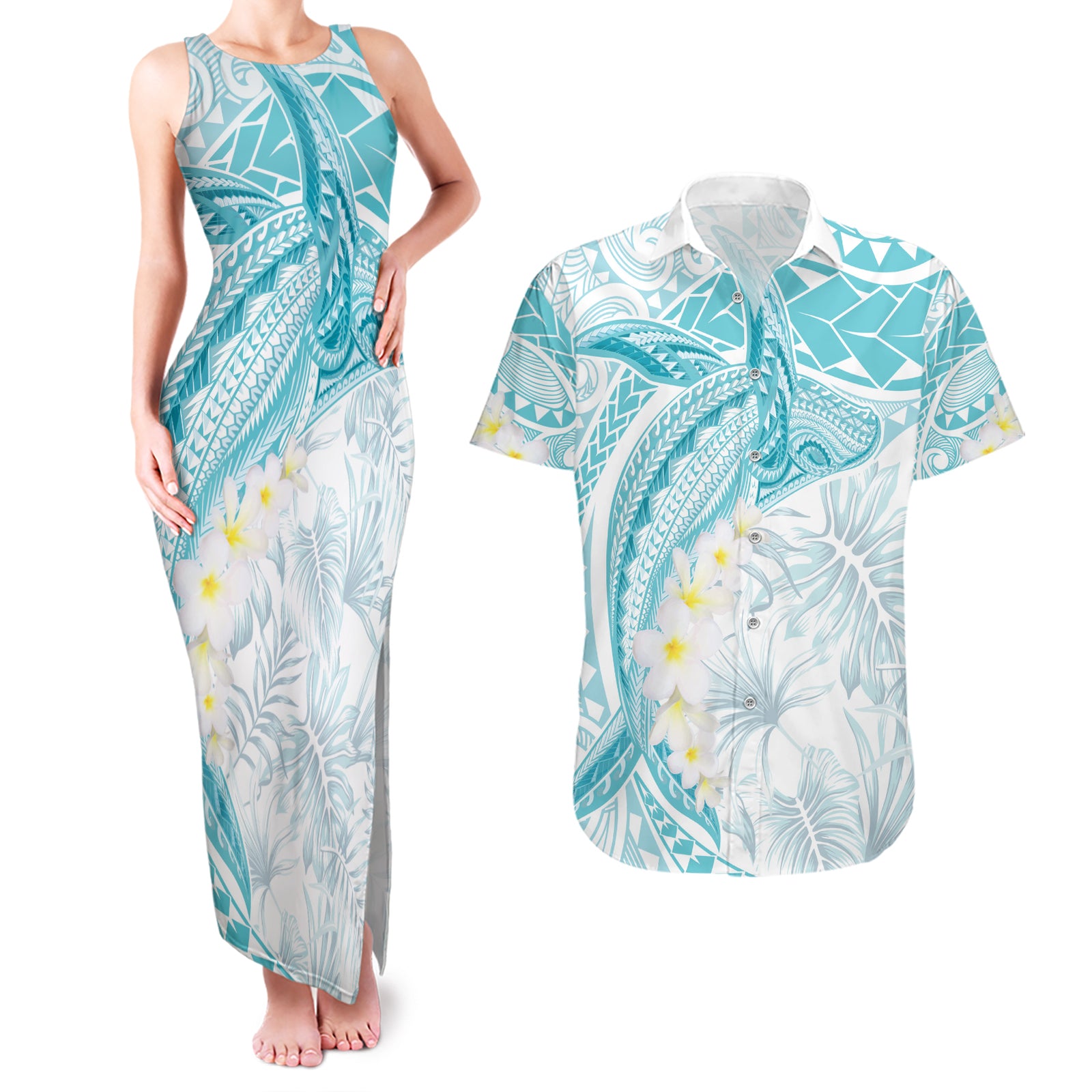 Polynesia Humpback Whale Couples Matching Tank Maxi Dress and Hawaiian Shirt Tropical Plumeria Turquoise LT7 Turquoise - Polynesian Pride