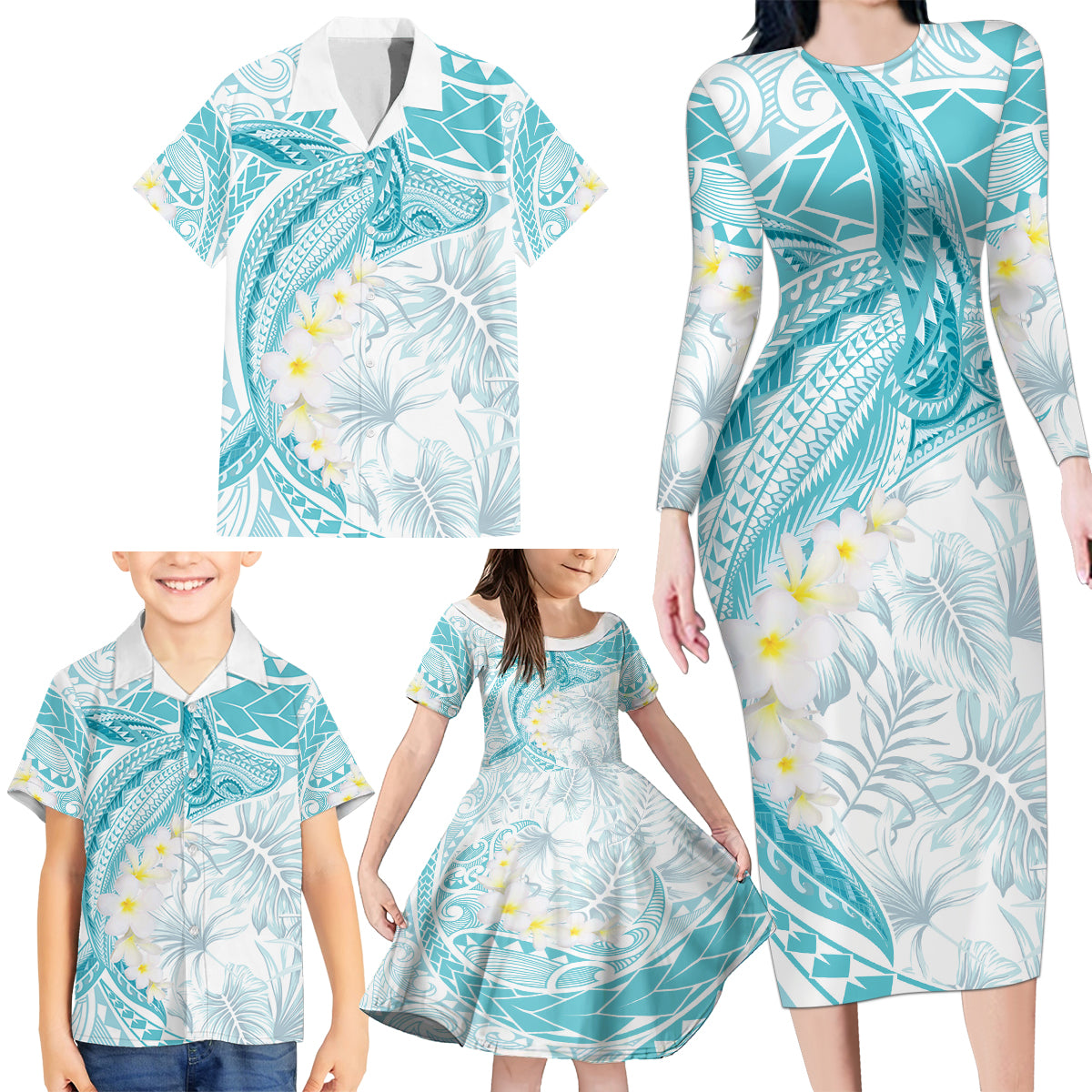 Polynesia Humpback Whale Family Matching Long Sleeve Bodycon Dress and Hawaiian Shirt Tropical Plumeria Turquoise