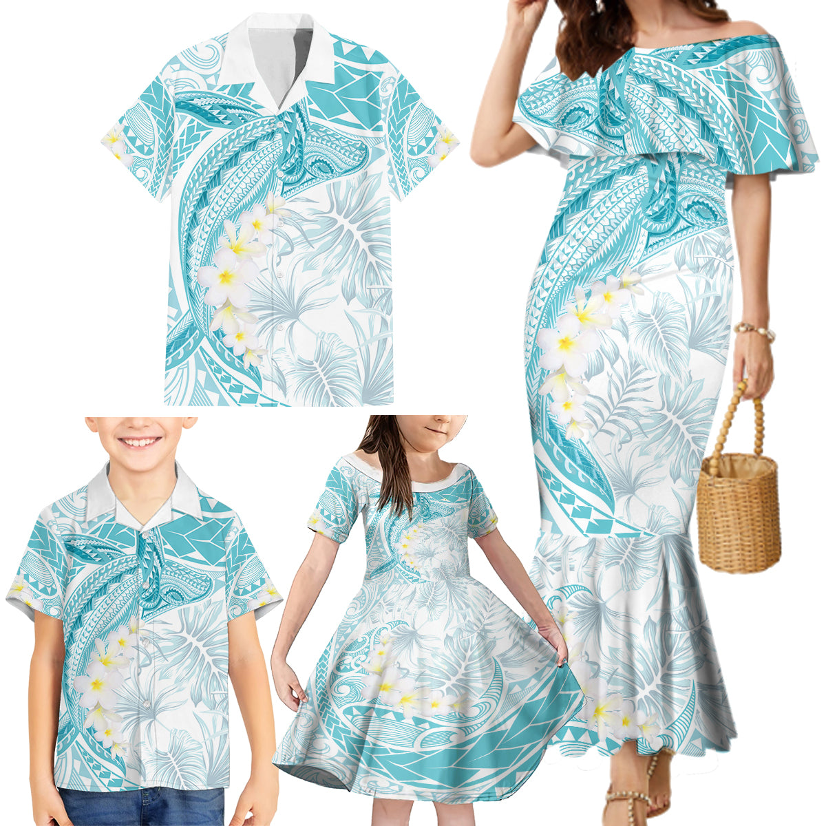 Polynesia Humpback Whale Family Matching Mermaid Dress and Hawaiian Shirt Tropical Plumeria Turquoise