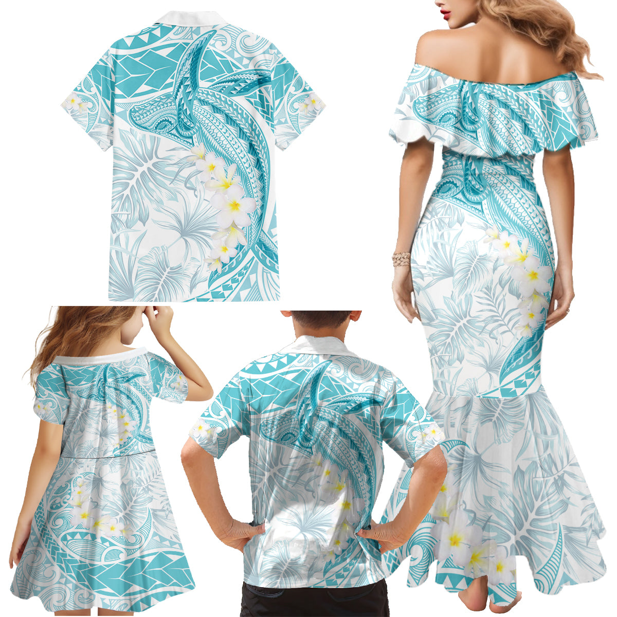 Polynesia Humpback Whale Family Matching Mermaid Dress and Hawaiian Shirt Tropical Plumeria Turquoise