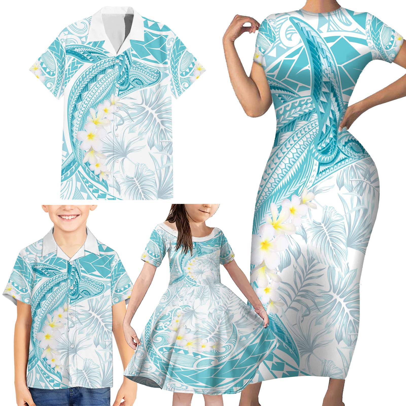 Polynesia Humpback Whale Family Matching Short Sleeve Bodycon Dress and Hawaiian Shirt Tropical Plumeria Turquoise