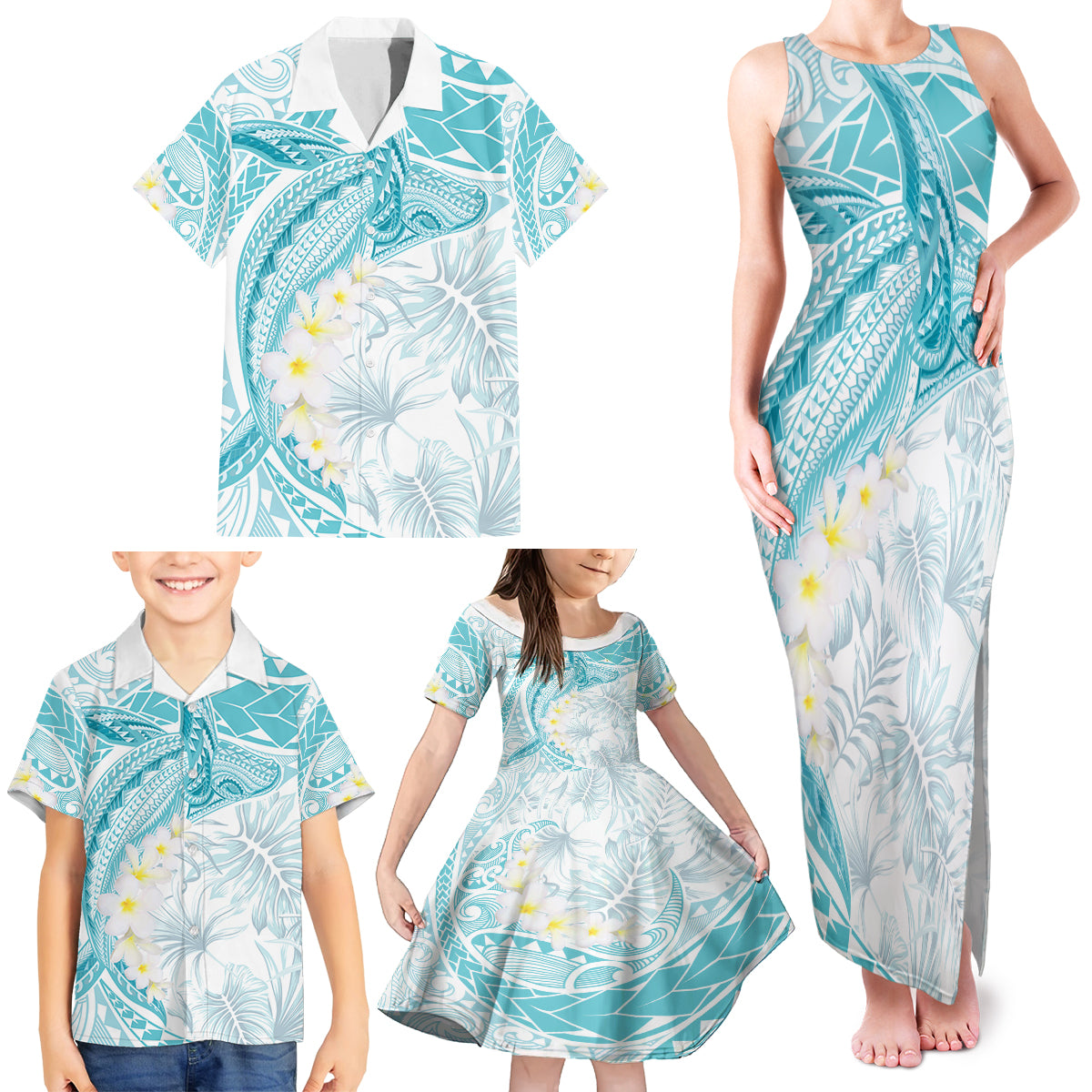 Polynesia Humpback Whale Family Matching Tank Maxi Dress and Hawaiian Shirt Tropical Plumeria Turquoise