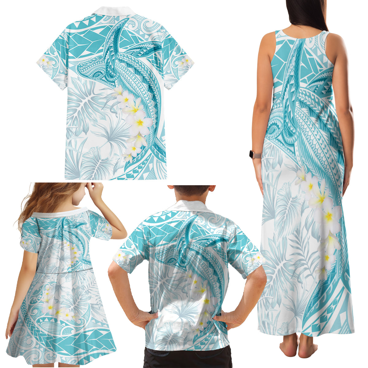 Polynesia Humpback Whale Family Matching Tank Maxi Dress and Hawaiian Shirt Tropical Plumeria Turquoise