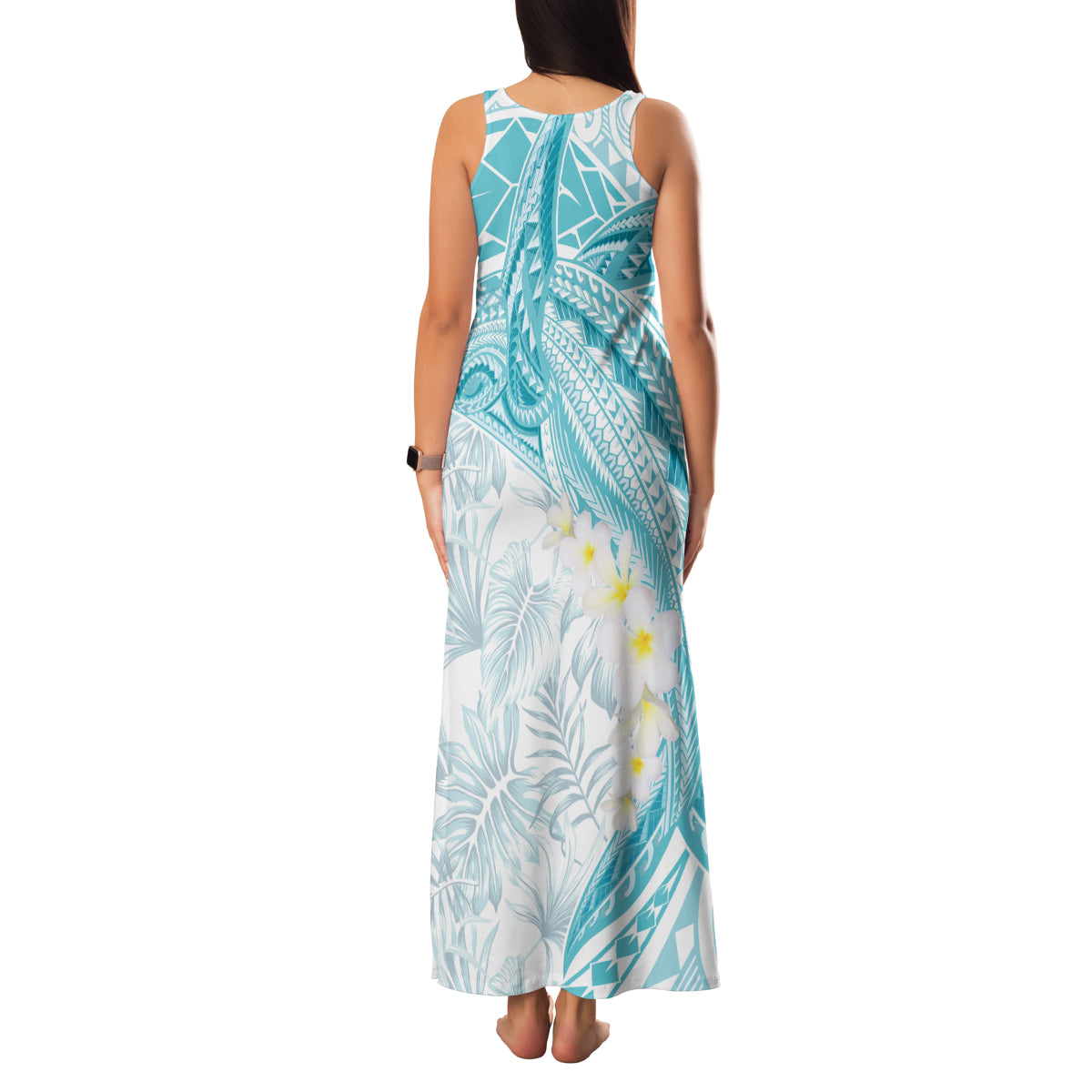 Polynesia Humpback Whale Family Matching Tank Maxi Dress and Hawaiian Shirt Tropical Plumeria Turquoise