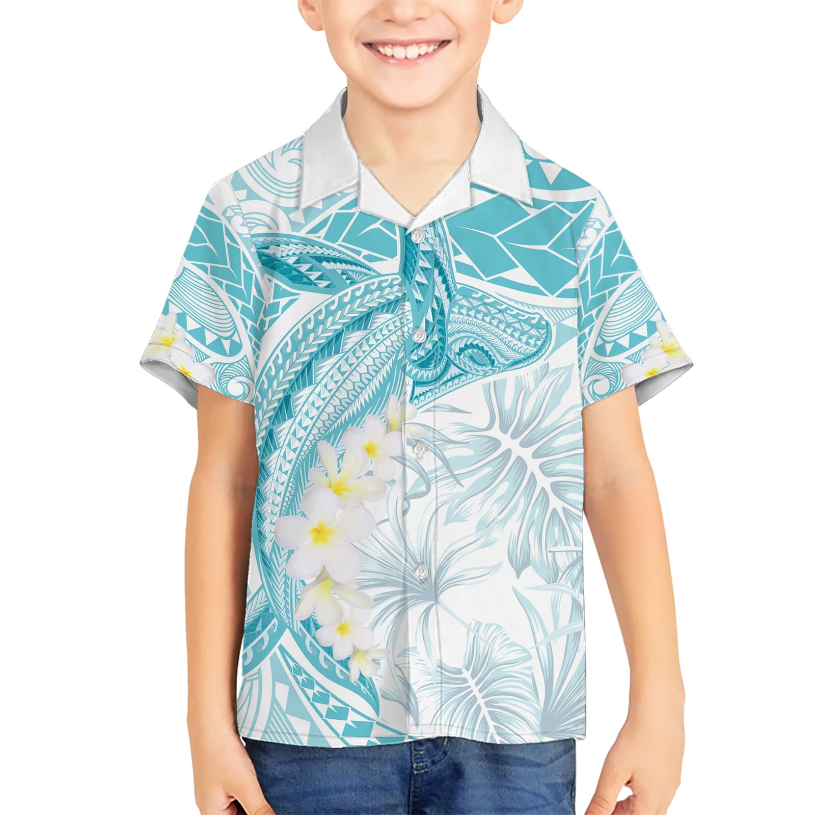 Polynesia Humpback Whale Kid Hawaiian Shirt Tropical Plumeria Turquoise LT7 Kid Turquoise - Polynesian Pride