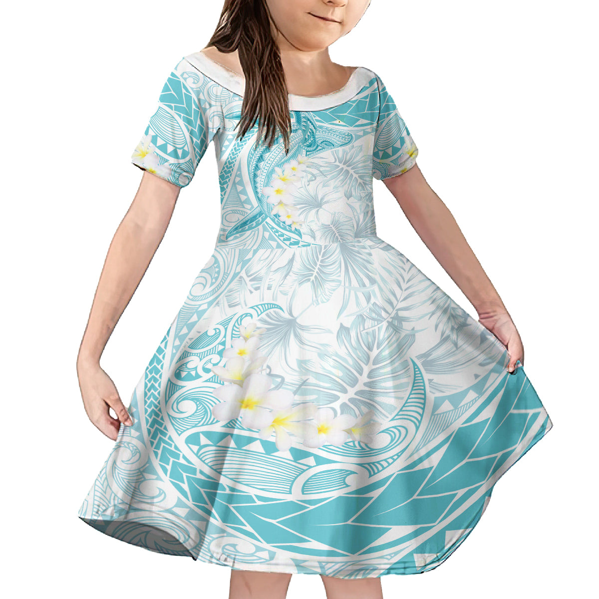 Polynesia Humpback Whale Kid Short Sleeve Dress Tropical Plumeria Turquoise