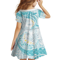 Polynesia Humpback Whale Kid Short Sleeve Dress Tropical Plumeria Turquoise